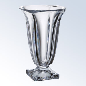 Crystal trophy with vertical grooves, flared rim, and square base, ideal for corporate or employee achievement awards.