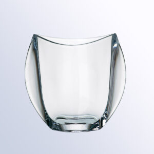 Clear crystal trophy with thick, curved sides and wide top, ideal for corporate achievement or employee recognition awards.