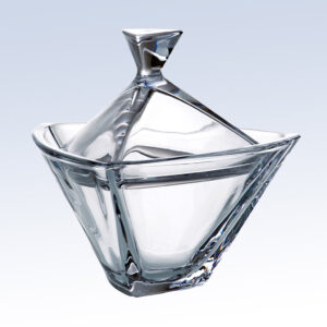 Clear geometric crystal trophy with angular lid, ideal for corporate recognition or employee achievement awards.