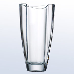 Crystal trophy with modern asymmetrical rim, clear glass design, ideal for corporate or employee recognition awards.