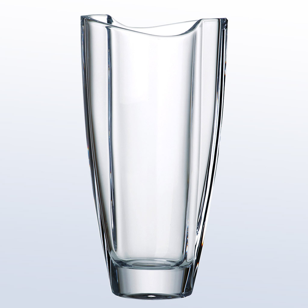 Crystal trophy with modern asymmetrical rim, clear glass design, ideal for corporate or employee recognition awards.