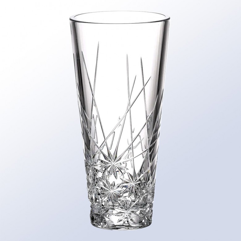 Crystal vase award, 10" tall with geometric cuts, ideal for corporate or employee milestone recognition.