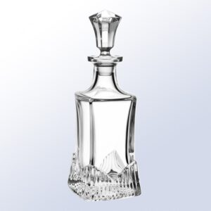Crystal decanter trophy with geometric stopper, faceted base; ideal for corporate recognition or milestone awards.