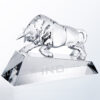 Crystal bull trophy on faceted base engraved with INO, ideal for corporate achievement or financial milestone recognition.