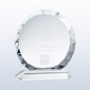 Crystal trophy with gem-cut circle and beveled edges, engraved for corporate achievement on matching crystal base.
