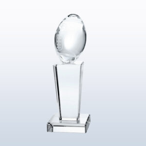 Crystal football trophy with rectangular base, ideal for corporate or sports achievement recognition.