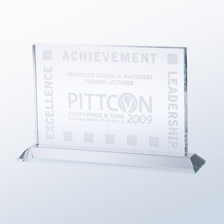 Starfire clear glass rectangle crystal award with base, ideal for excellence and leadership corporate recognition.