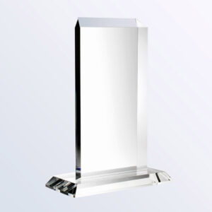 Crystal rectangle plaque award with beveled edges on a base, ideal for corporate or employee recognition.