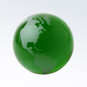 Crystal globe trophy with silver Americas map, green glass; ideal for corporate achievement or milestone recognition awards.