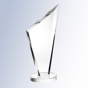 Crystal trophy award with angular design on round base, ideal for corporate recognition or employee achievement.