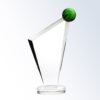 Crystal trophy with angled design and green globe, glass base; ideal for corporate or employee recognition awards.