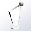 Crystal trophy with angled triangular design, golf ball detail, on round base—ideal for corporate golf achievement awards.