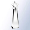 Clear crystal star award trophy with tall tapered base, ideal for corporate or employee recognition.