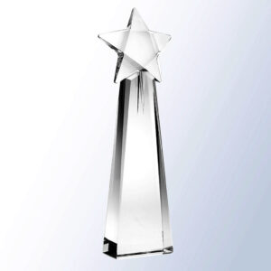Clear crystal star award trophy with tall tapered base, ideal for corporate or employee recognition.
