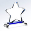 Crystal star award trophy with elegant lines on a blue and clear base, ideal for corporate or employee recognition.