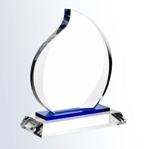 Blue Eternal Flame crystal trophy with blue base accent on faceted glass platform, ideal for corporate recognition awards.