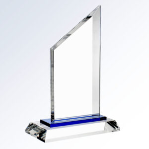 Blue sail crystal trophy with angled top, clear glass body, blue accent base; ideal for corporate or employee recognition.