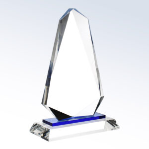 Blue crystal trophy with faceted geometric design on a blue and clear base, ideal for corporate achievement awards.