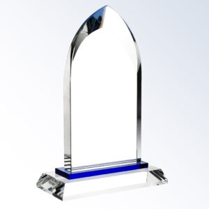 Crystal trophy with pointed arch top and blue accent, ideal for corporate recognition. Clear glass on solid base.