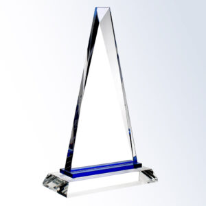 Blue Paramount crystal trophy with triangular design and blue accent, for corporate or milestone recognition, on glass base.