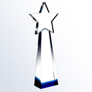 Crystal star award with clear glass, tapered base and star-shaped top, ideal for corporate or employee recognition.