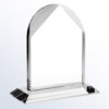 Crystal arch trophy with beveled edges on a glass base, ideal for corporate recognition or employee achievement awards.