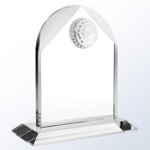 Crystal golf trophy with arched clear crystal, 3D golf ball detail, and beveled reflective base for corporate recognition awards.