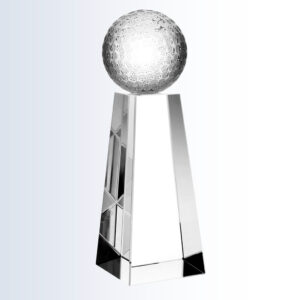 Crystal golf trophy with textured ball on clear faceted base, ideal for corporate or sports achievement awards.