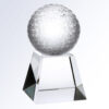 Crystal golf trophy with dimpled glass ball on faceted base, ideal for corporate or golf achievement awards.