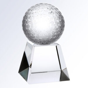 Crystal golf trophy with dimpled glass ball on faceted base, ideal for corporate or golf achievement awards.