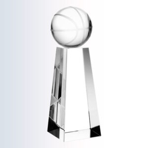 Crystal basketball trophy with geometric base, ideal for sports or corporate recognition, displayed on white background.