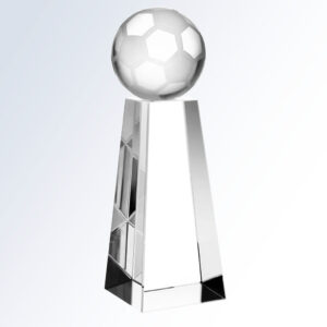 Crystal soccer trophy with faceted pyramid base, ideal for sports achievement or team recognition awards.