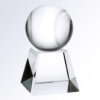 Crystal trophy with clear sphere on pyramid-shaped glass base, ideal for corporate or employee achievement recognition.