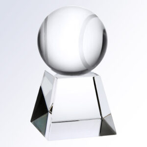 Crystal trophy with clear sphere on pyramid-shaped glass base, ideal for corporate or employee achievement recognition.
