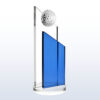 Crystal golf award with textured ball atop blue glass panels on clear base; ideal for golf achievement or tournament recognition.