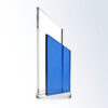 Blue and clear glass crystal trophy on silver base, suitable for corporate achievement or employee recognition awards.