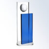 Crystal trophy with clear glass panel, frosted globe accent, blue section, and round base; ideal for corporate recognition.