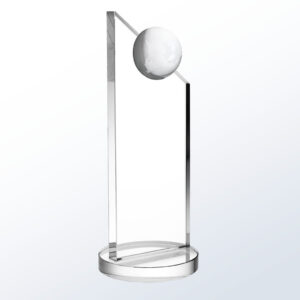 Crystal award trophy with angled design, frosted globe accent, on a round base; ideal for corporate or employee recognition.