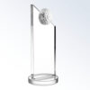 Crystal golf trophy with flat rectangular glass body, round golf ball detail, on a circular base for corporate recognition.