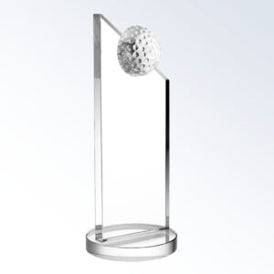 Crystal golf trophy with flat rectangular glass body, round golf ball detail, on a circular base for corporate recognition.