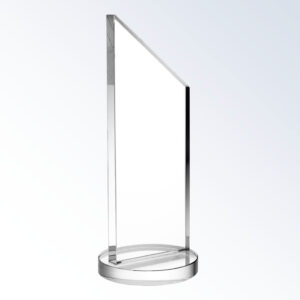 Tall crystal trophy with angular design on round base, ideal for corporate or employee recognition.