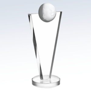 Crystal trophy with globe top, angular design, and round base; ideal for corporate or employee achievement recognition.
