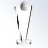 Crystal golf award trophy with triangular shape, embedded golf ball, and round base for corporate or sports achievement.