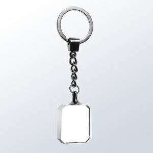 Rectangular faceted crystal plaque keychain, silver hardware, ideal for corporate recognition or employee milestone awards.