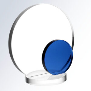 Crystal trophy with a blue acrylic accent on clear base, ideal for corporate or employee recognition awards.