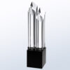 Crystal trophy with three tall, clear angular pillars on black base; ideal for corporate or employee recognition awards.