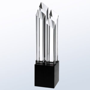 Crystal trophy with three tall, clear angular pillars on black base; ideal for corporate or employee recognition awards.