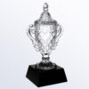 Crystal champion’s cup trophy with two handles and lid on black base, ideal for corporate achievement or employee recognition.