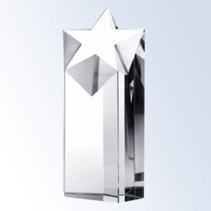 Crystal star award trophy with glass rectangular base, ideal for corporate recognition or employee achievement.