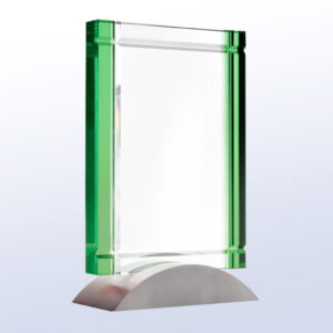 Rectangular crystal award with green edges on a silver metal base, ideal for corporate or employee recognition.